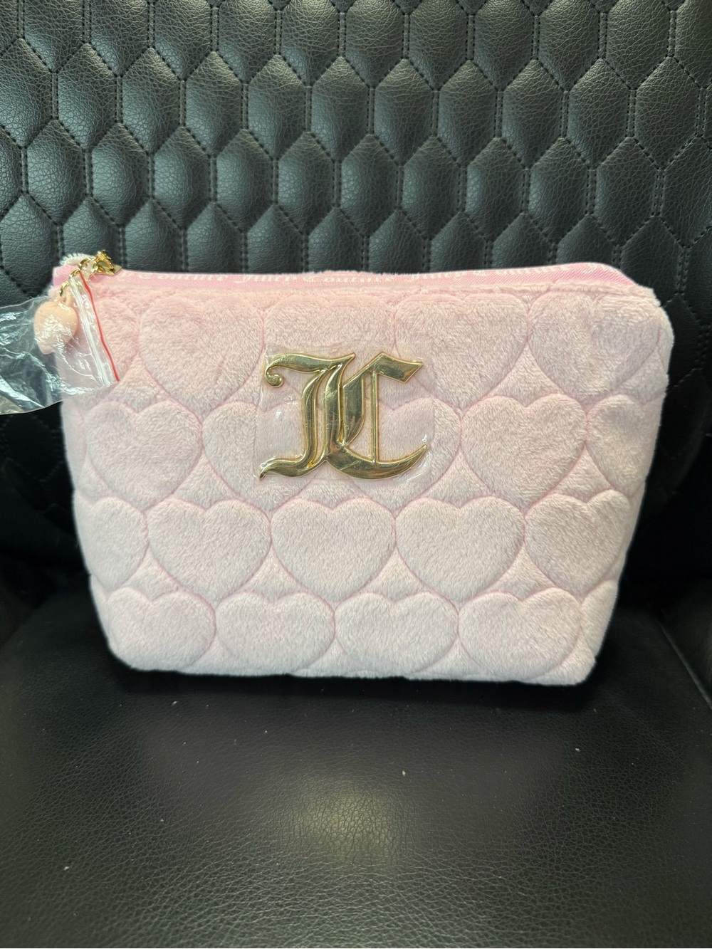 Plush Heart-Quilted Pink Juicy Couture Cosmetic Pouch with Gold Accent